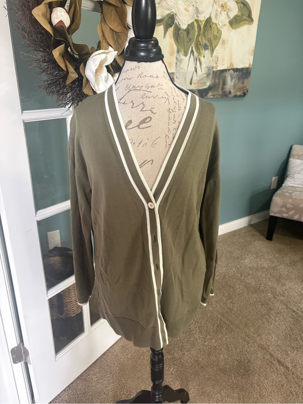 Talbots Olive Cardigan with Ivory Trim